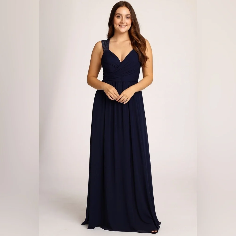 nightway navy blue dress $199 Nightway Women's Blue Sequined Mesh V-Neck A-Line Gown Formal Dress Size 4